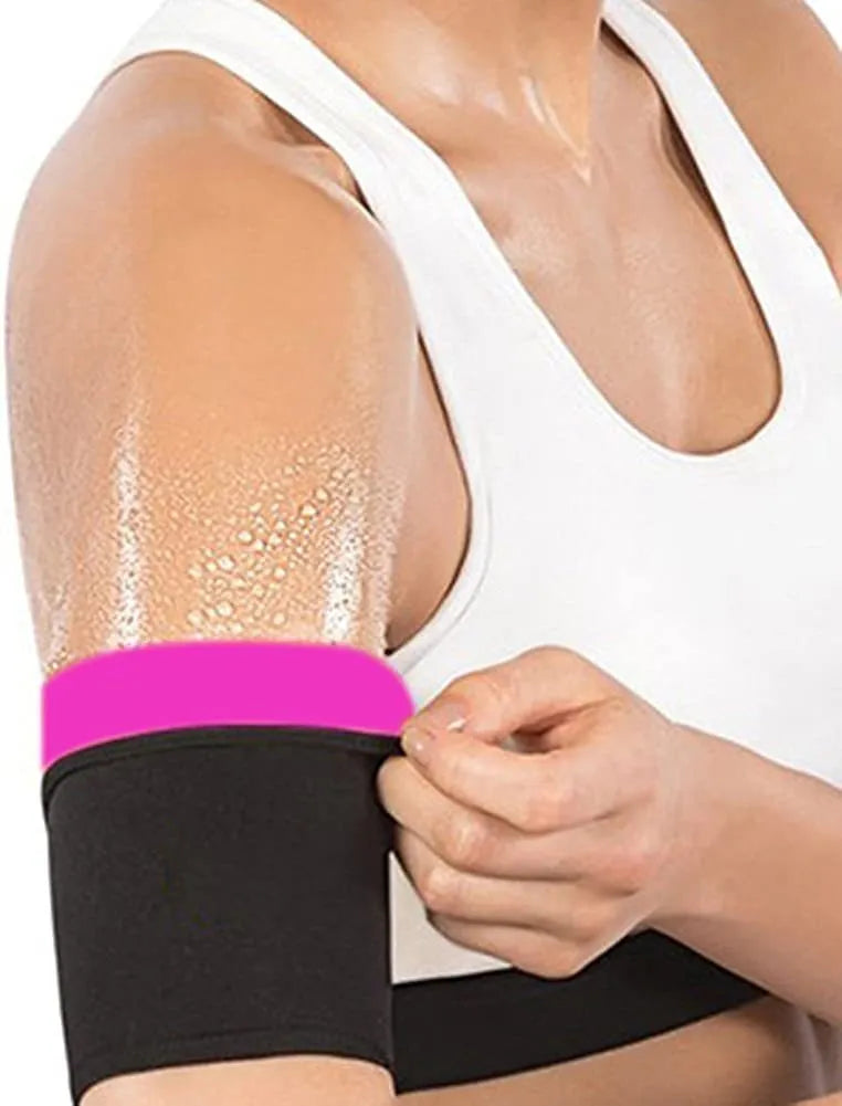 Adjustable black and red neoprene arm sweatband with Velcro strap wrapped around an upper arm.