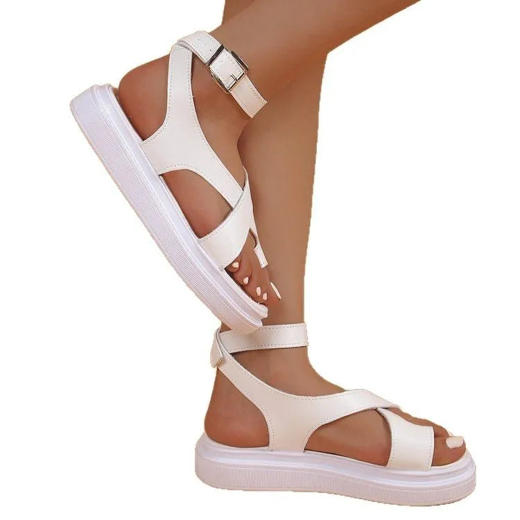 Women's white Roman-style buckle sandals with thick soles and lace loop-foot design
