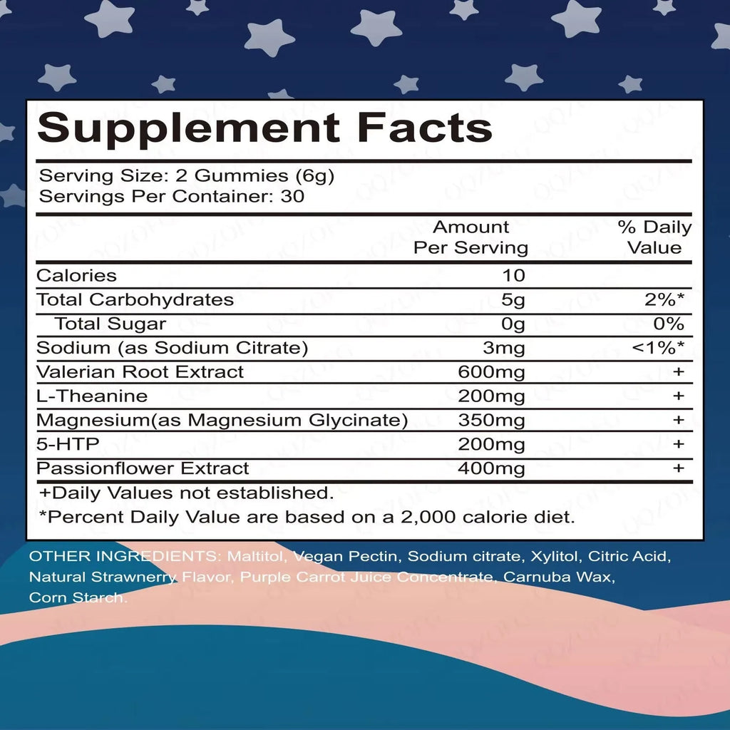 Bottle of natural sleep gummies with strawberry flavour, 60 count, vegan pectin-based star-shaped gummies