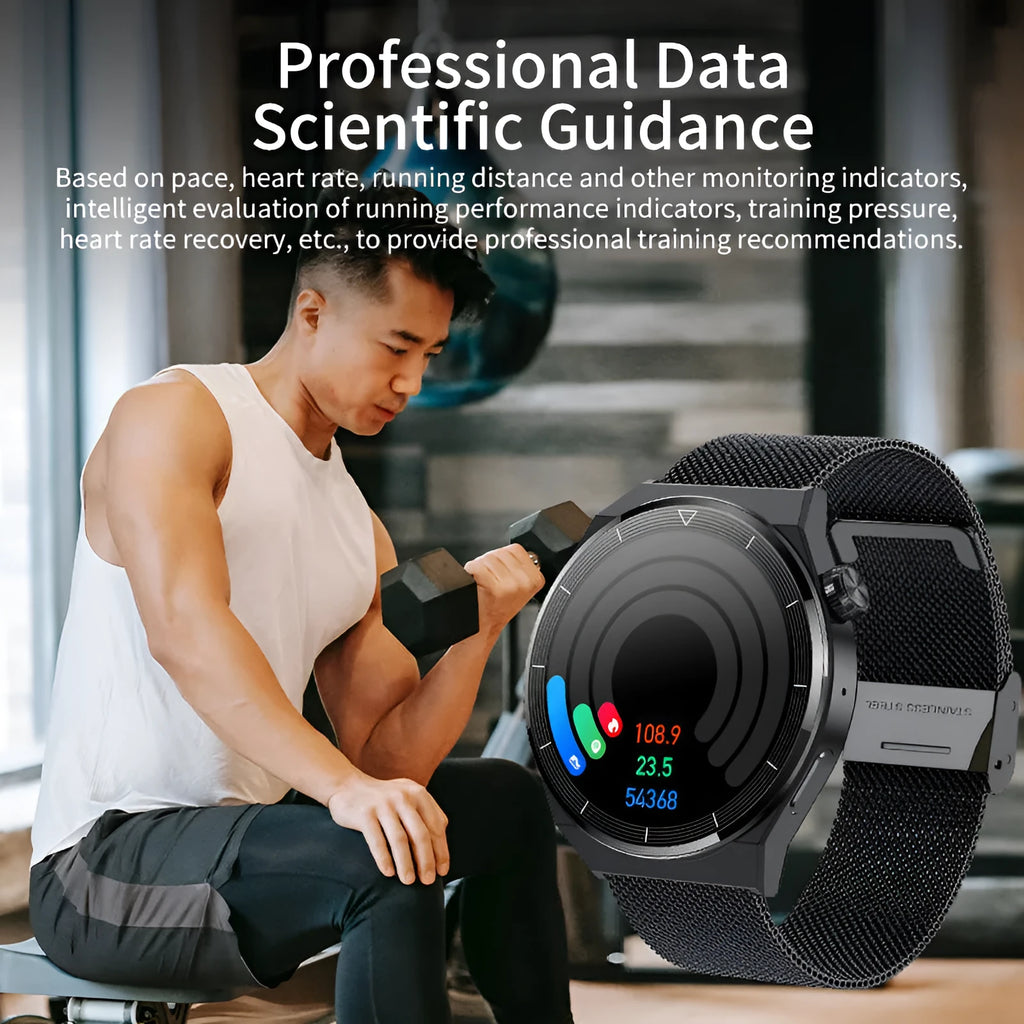 Black silicone strap silver vinyl case smartwatch with Bluetooth calling and health monitoring features on wrist