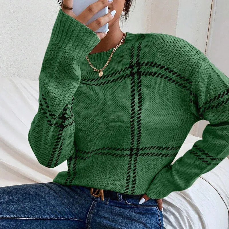 Women's plaid colour-block striped sweater in acrylic with crew neck and loose fit