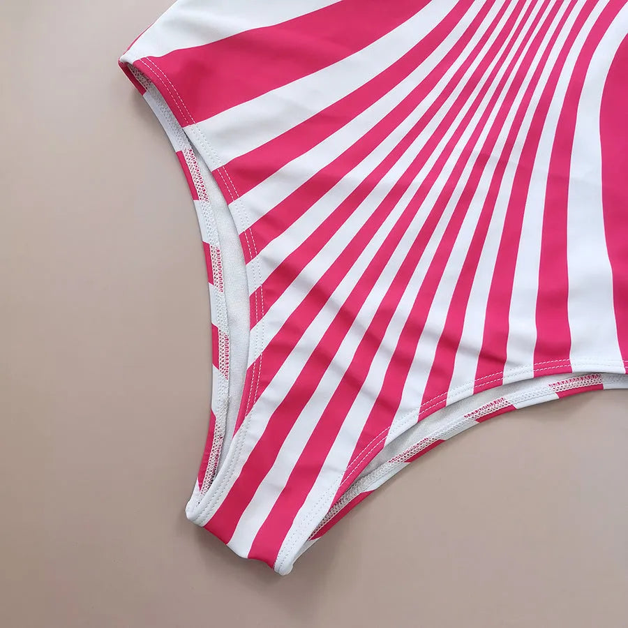 Pink striped women's one-piece swimsuit with all-over digital print on front and back.
