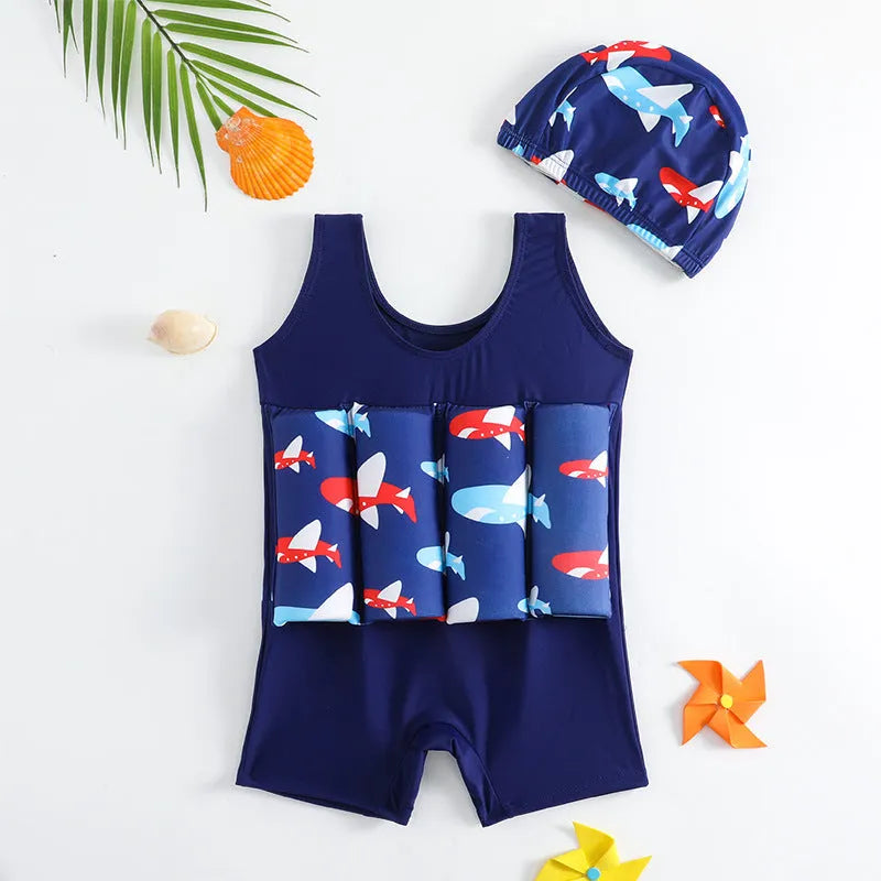Children's buoyancy swimsuit boy's one-piece in Korean-style solid colour, nylon fabric, available in sizes M to XXL