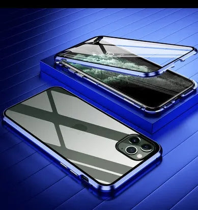 Geometric-patterned clamshell phone case in navy blue, open to show iPhone 13 Pro Max inside.