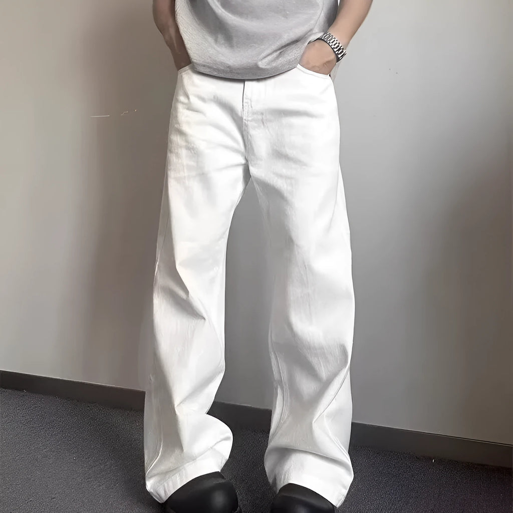 Men's straight wide-leg loose fit white denim jeans on a mid waist.