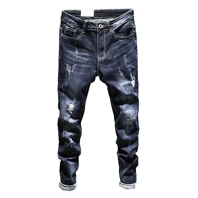 Men's dark blue and light blue slim-fitting skinny jeans made from cotton denim.