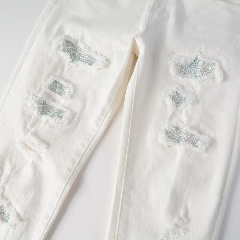 White slim-fit men's jeans with patch hole drill distressing and cotton-spandex blend