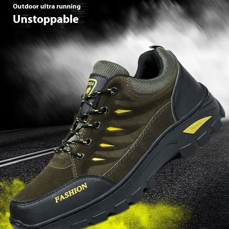 Men's suede hiking shoes in green colour with rubber soles and lace-up closure