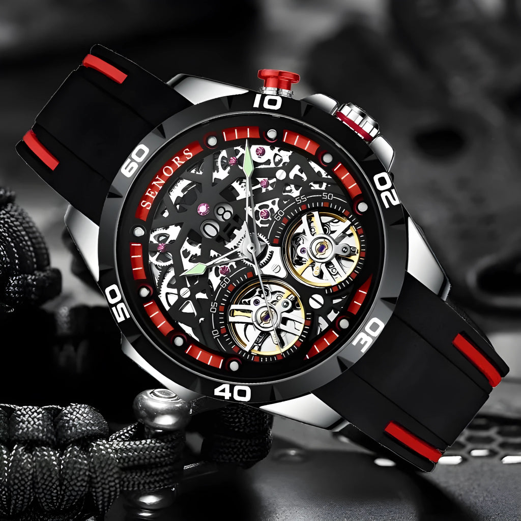 Men's automatic skeleton watch with luminous markers on a blue dial.