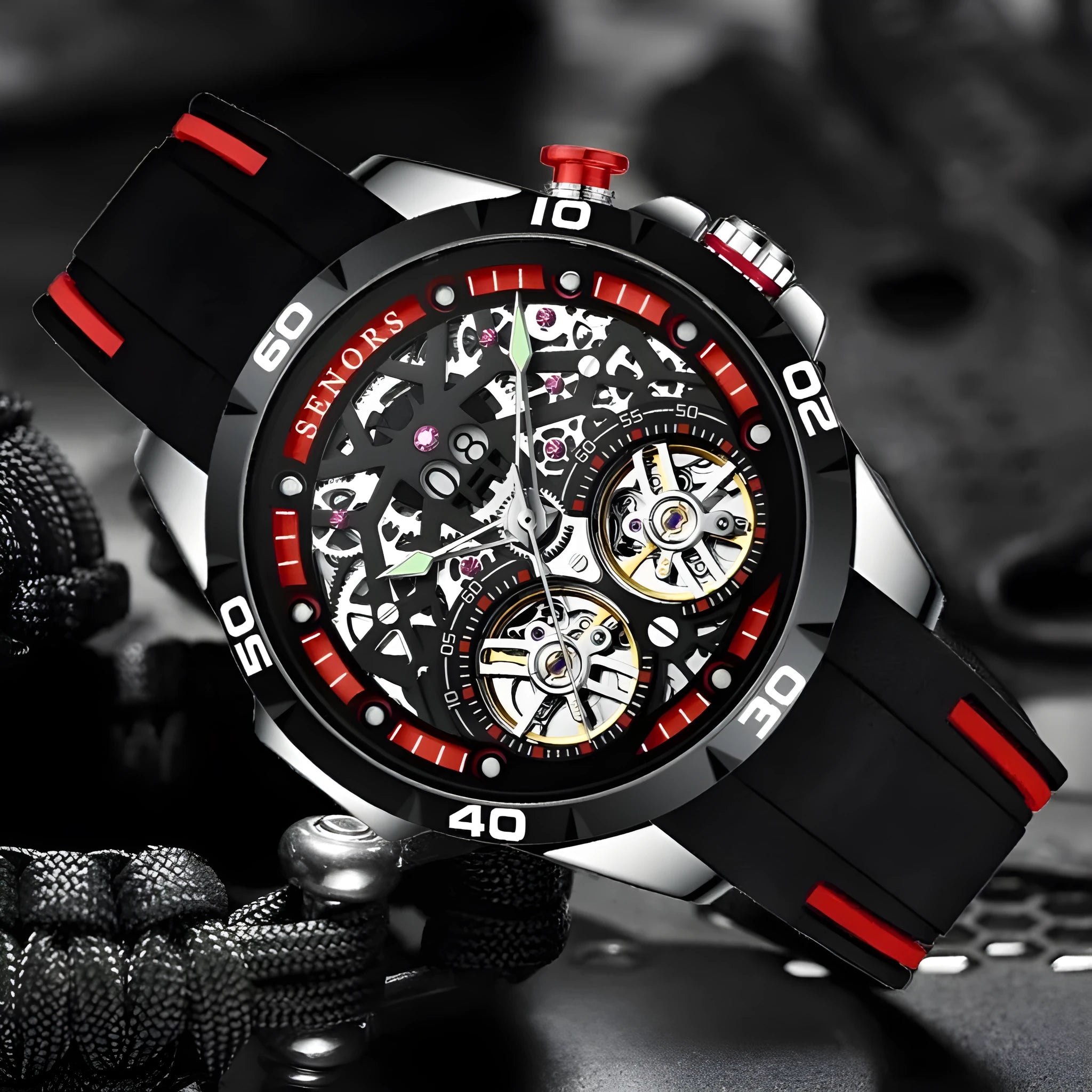 Men's automatic skeleton watch with luminous markers on a blue dial.