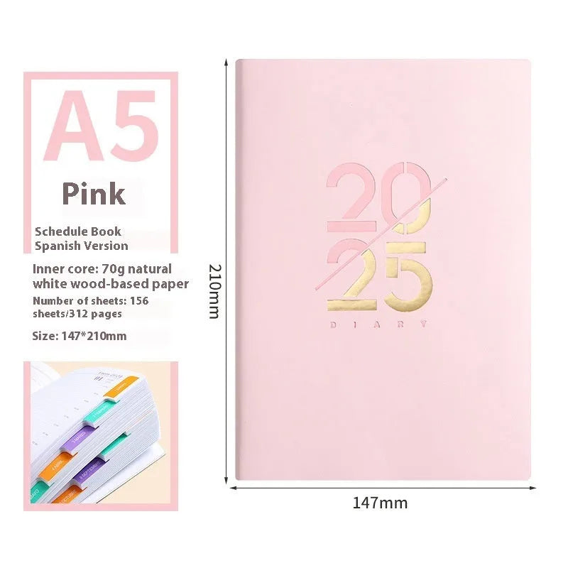 2025 A5 daily schedule book with soft faux leather cover, open to show weekly planner layout.
