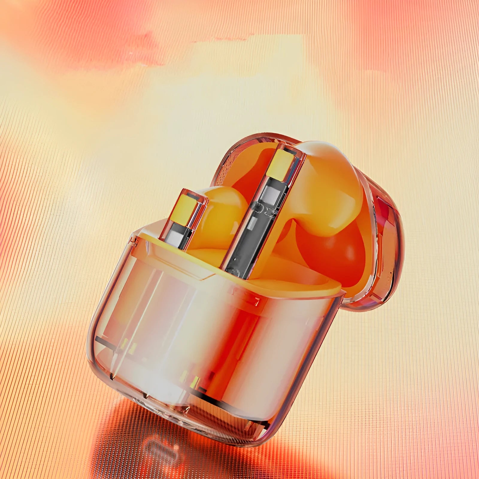 YX06 transparent wireless earbuds in white, black, orange, and green colours with a charging case.