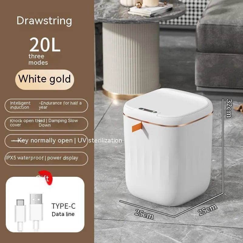 White smart dustbin with automatic sensor lid open, showing 16L capacity.