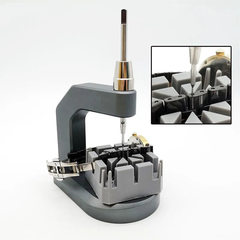 Silver multi-purpose press strap removal tool with a tool steel blade for watch and jewellery repair.