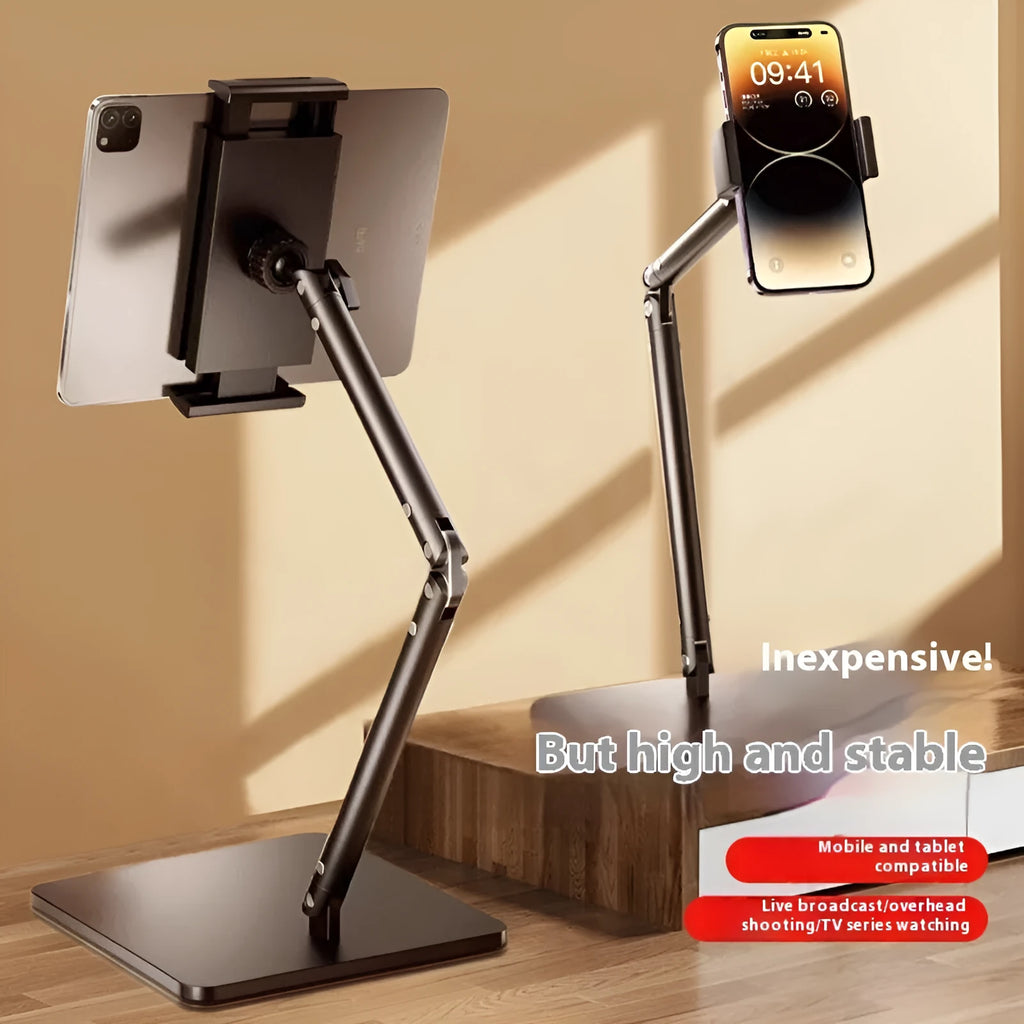 Square double arm alloy desktop bracket holding a mobile phone, with universal adjustment for devices 4-12.9 inches.