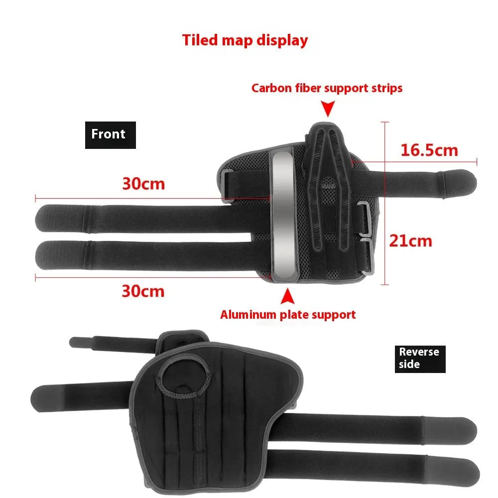 Carbon fibre sports wrist guard with thumb strap in black and grey, shown for left hand.