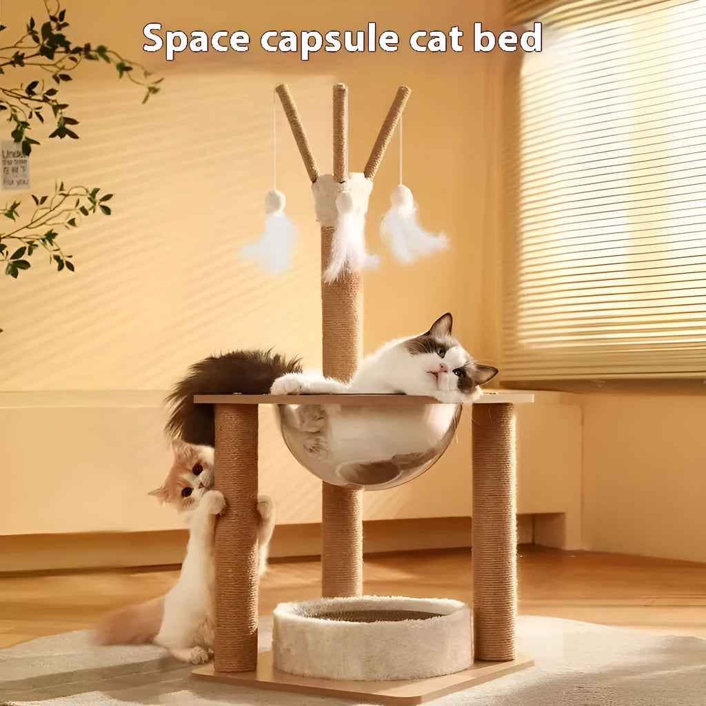 Wooden cat climbing frame with space capsule hideaway in luxury finish