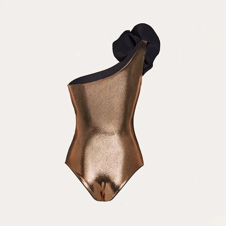 Gold handmade halter neck one-piece swimsuit with hollow-out design