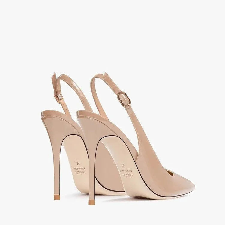 Women's nude PU leather ankle-strap high heels with hollow design and button fastening