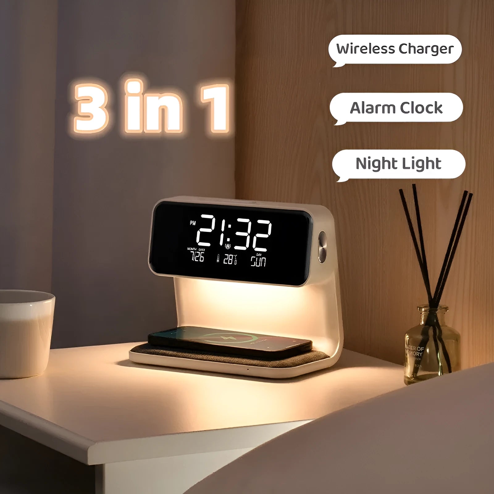 White bedside lamp with integrated wireless charging pad and LCD alarm clock display