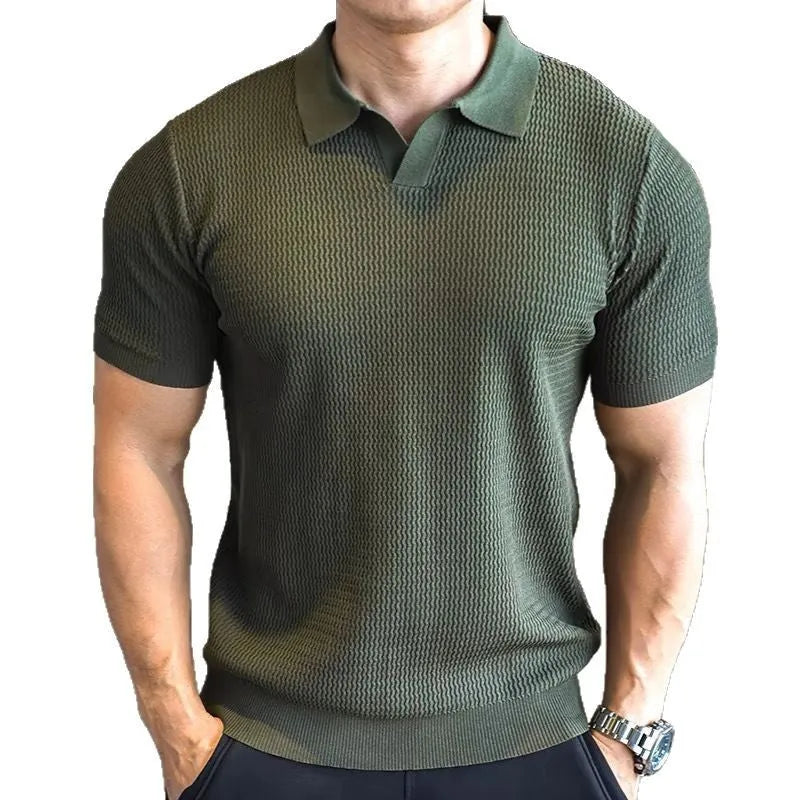 Men's slim fit polo shirt with button-down Henry collar in lightweight polyester fabric.