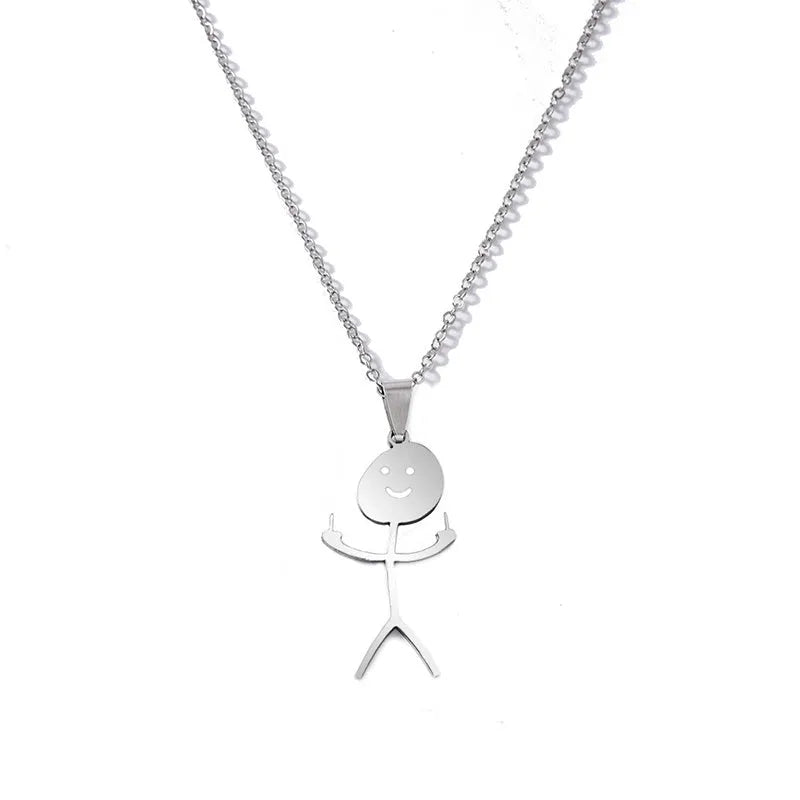 Stainless steel funny doodle smiley stick figure middle finger pendant necklace on link chain