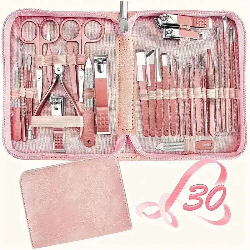30-piece stainless steel nail beauty tool set in presentation case, colour options shown.