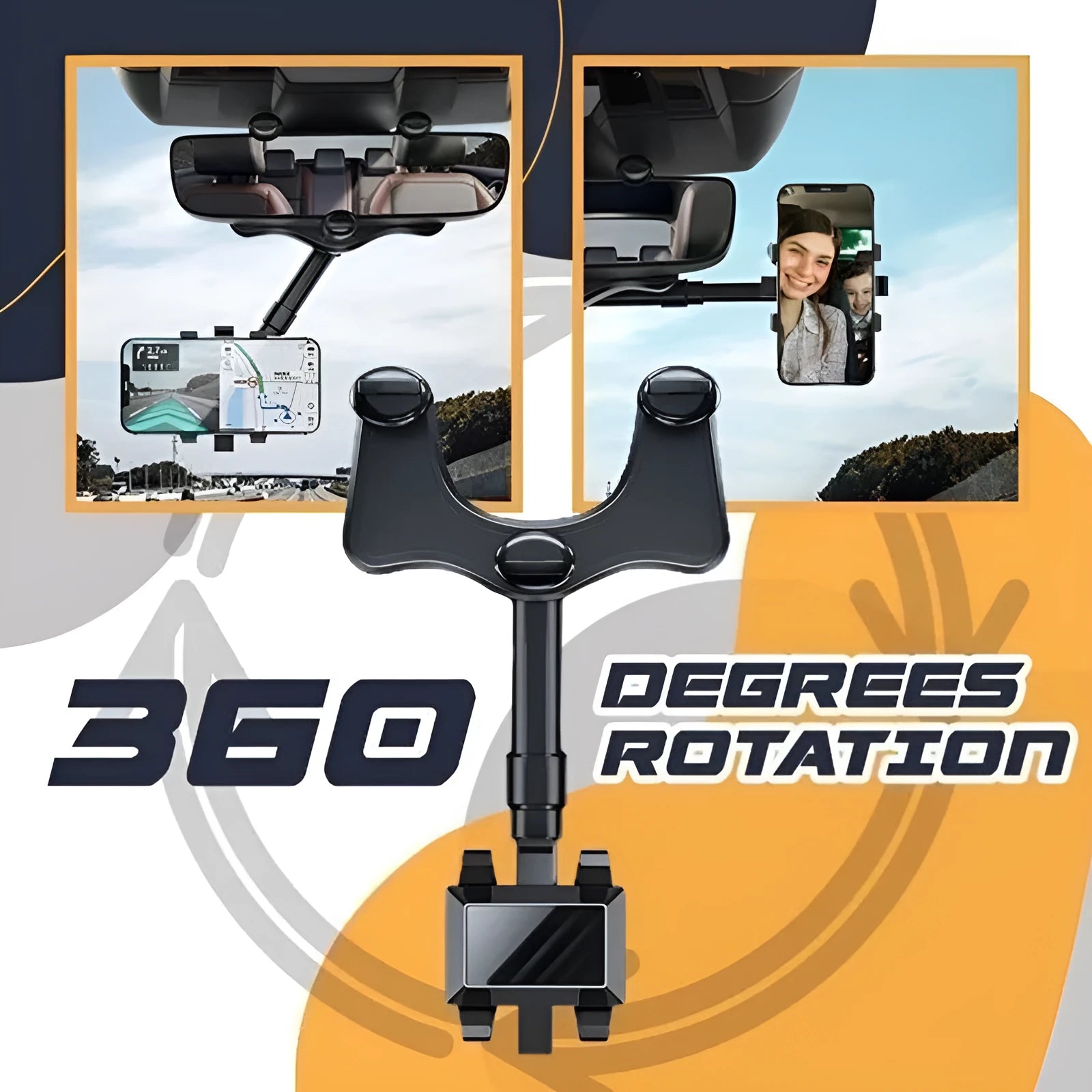 Black rearview mirror car phone holder showing 360° rotation and telescopic arm extended.
