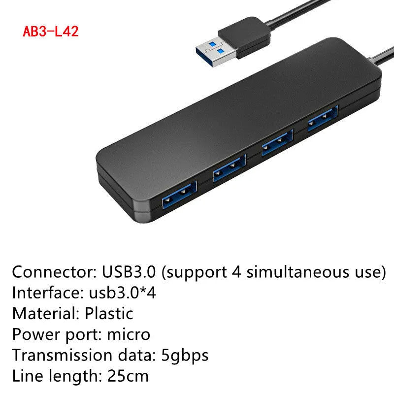 Black USB 3.0 hub with four ports and 30cm cable for computer expansion