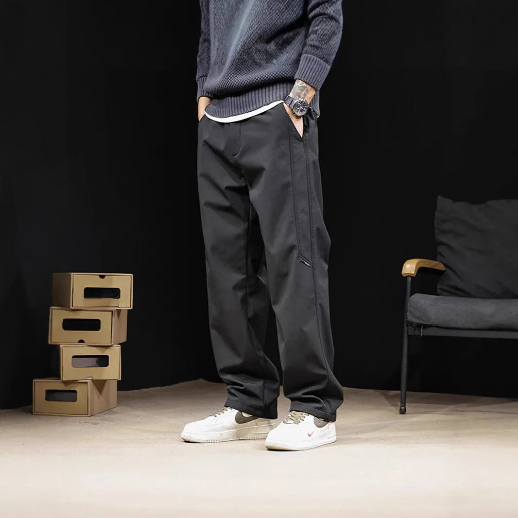 Men's high waist drawstring wide leg pants in black, polyester blend, straight leg