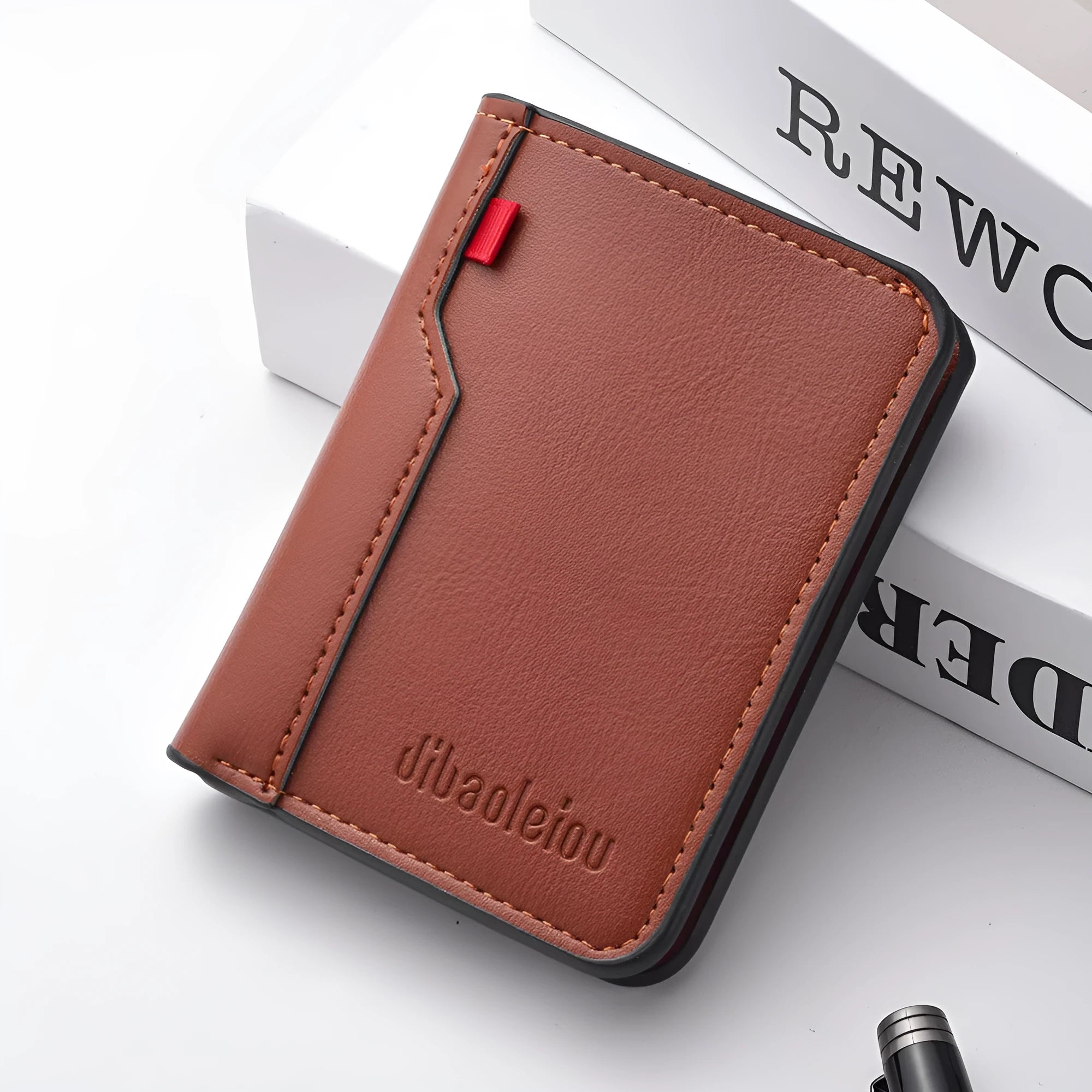 Vertical men's wallet in solid colour PU with visible stitching, ultra-lightweight design, available in black