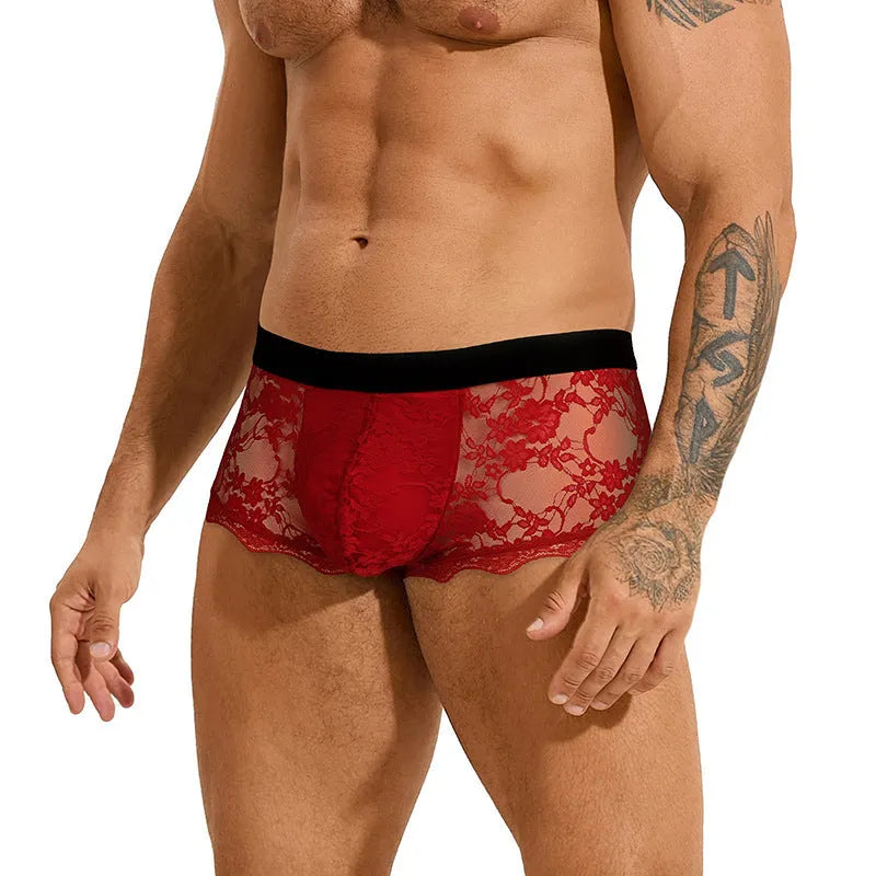 Men's black lace briefs with hollow out see-through design showing fabric texture