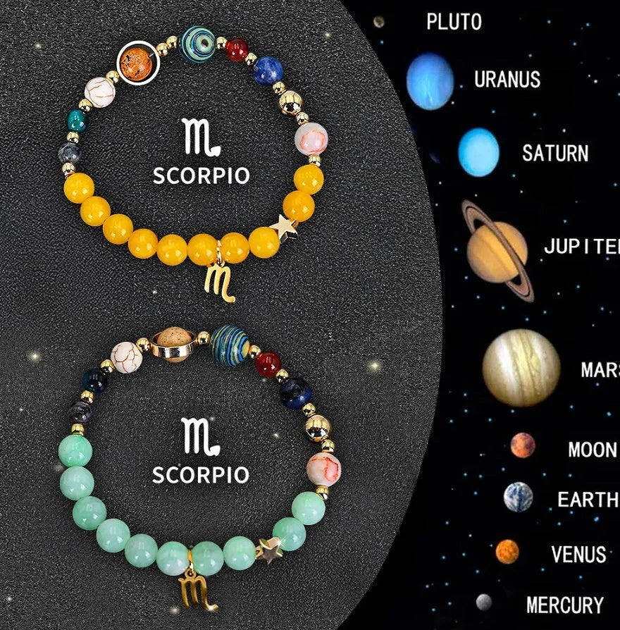 Set of twelve natural stone beaded bracelets laid out, each with different patterns for the zodiac signs.