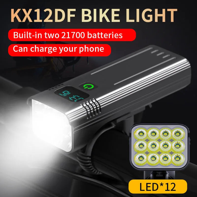 Black KX12DF bicycle headlight with digital display on handlebar mount