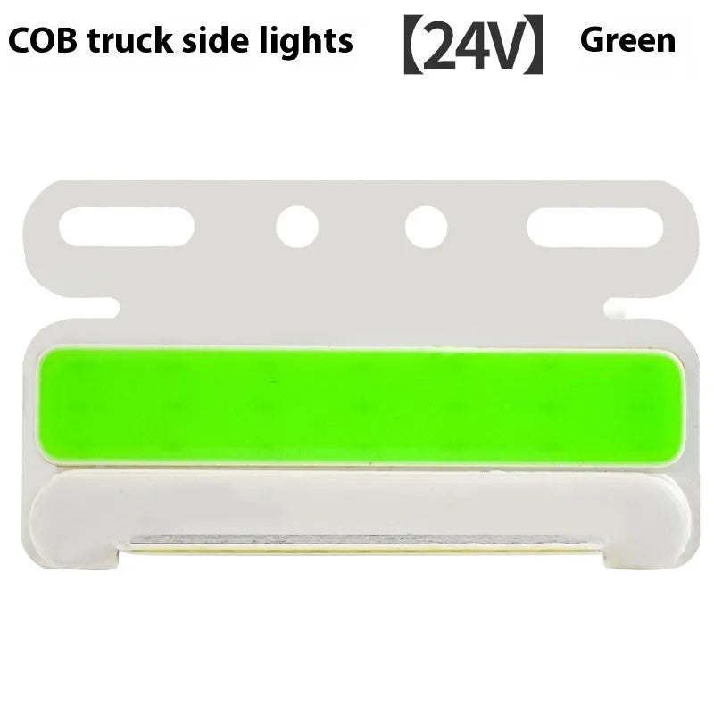 IP68 waterproof COB LED truck side light with aluminium alloy housing, shown in multiple colours.
