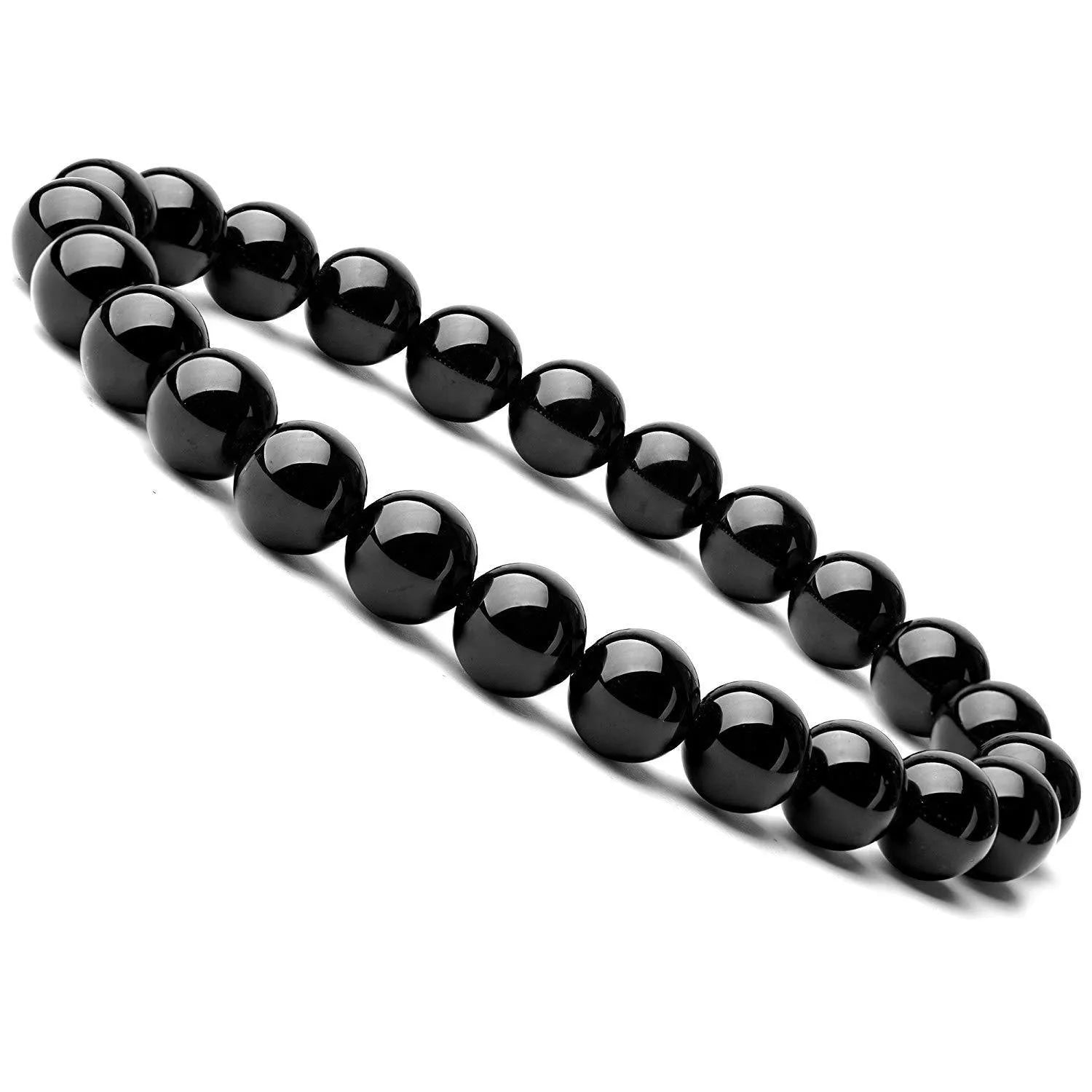 Black onyx bracelet with 8mm geometric beads on a stretchy elastic cord.