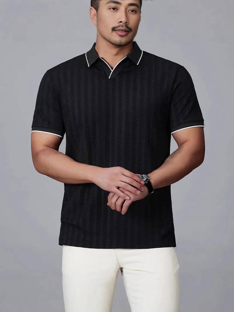 Men's short-sleeved loose fit polo shirt in ice silk nylon, shown in black, orange, and white.