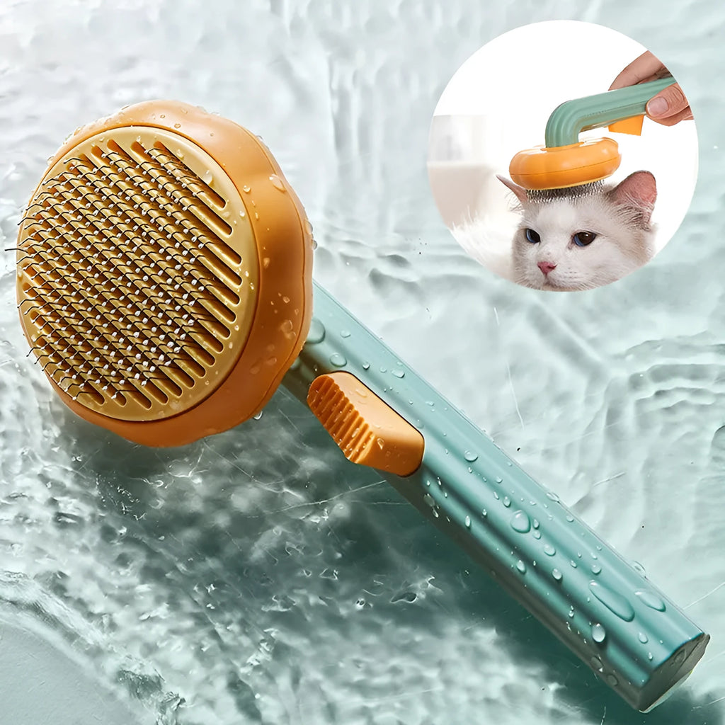 Pet grooming brush with curved steel wire teeth in white or pumpkin colour for cats and dogs
