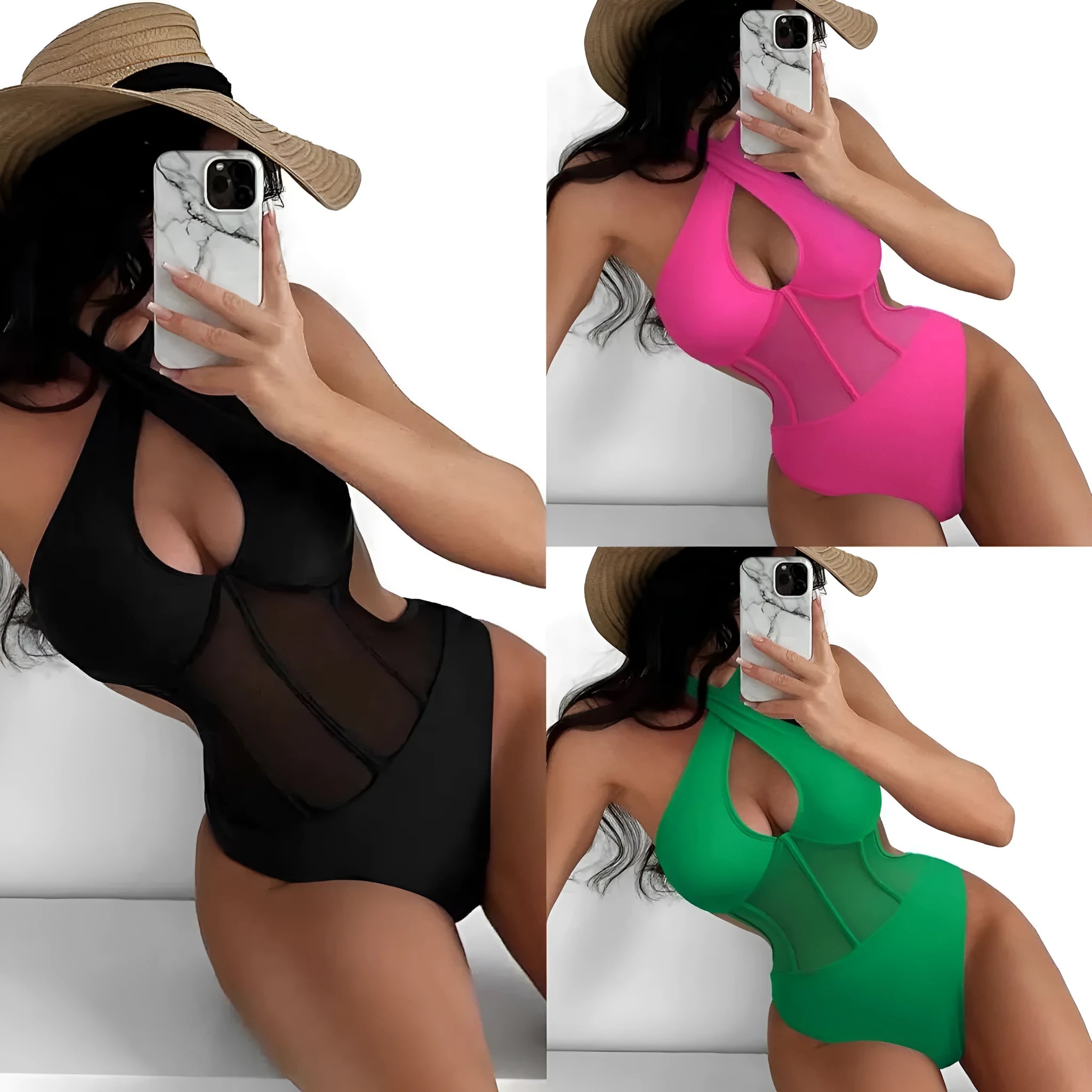 Women's black one-piece spun yarn swimsuit on a mannequin