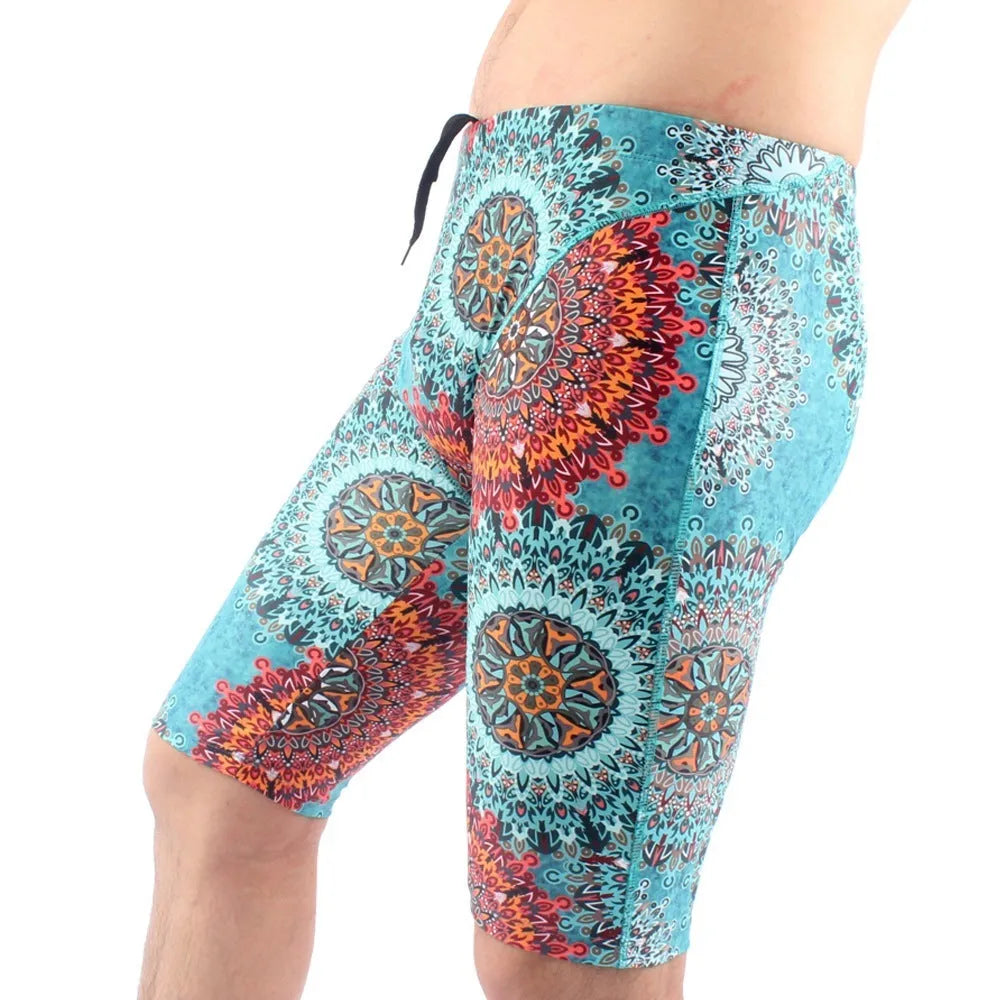 Men's green and navy blue quick-dry swimming trunks with anti-embarrassment lining, loose plus-size fit.