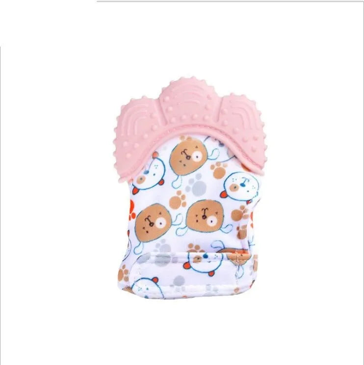 Baby silicone teething glove with Velcro strap in a smiley face yellow design.