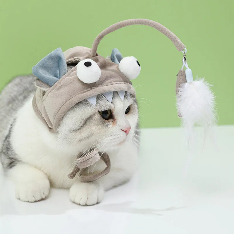 Adjustable head-mounted cat teaser toy with grey big eye fish attachment and dinosaur design
