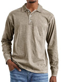 Men's retro washed distressed pure cotton lapel long sleeve polo shirt on a hanger