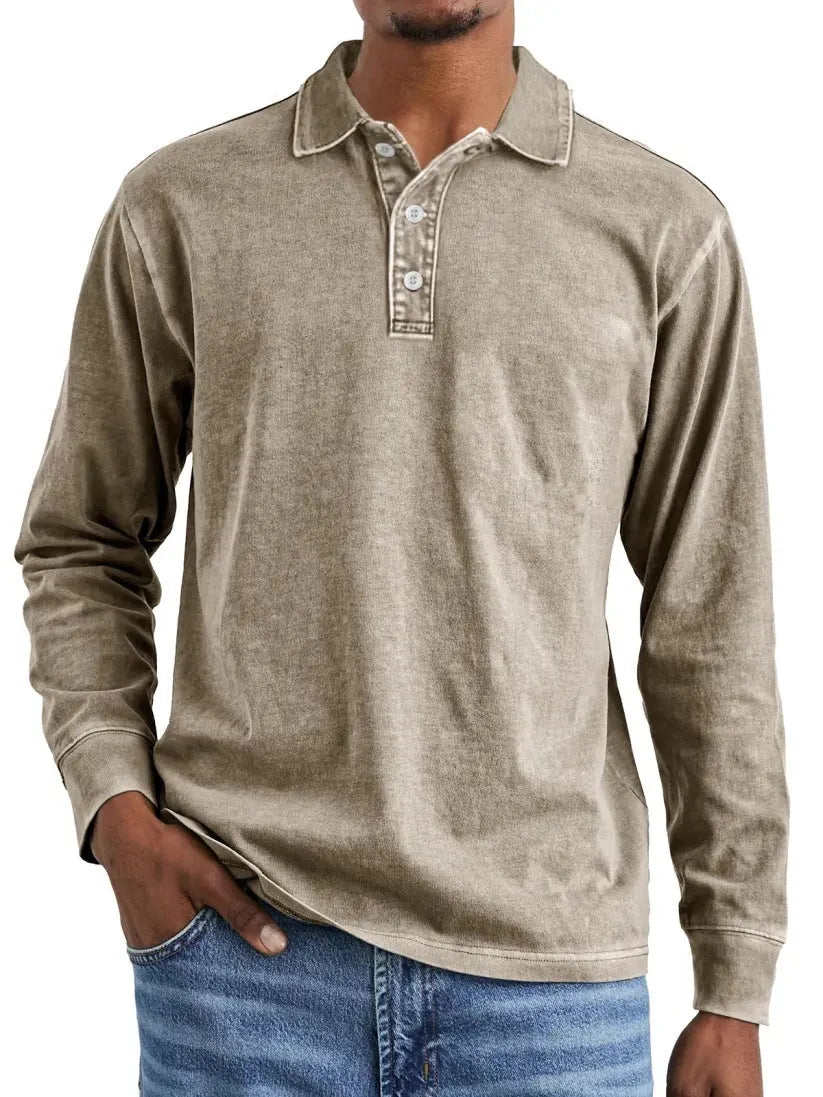 Men's retro washed distressed pure cotton lapel long sleeve polo shirt on a hanger