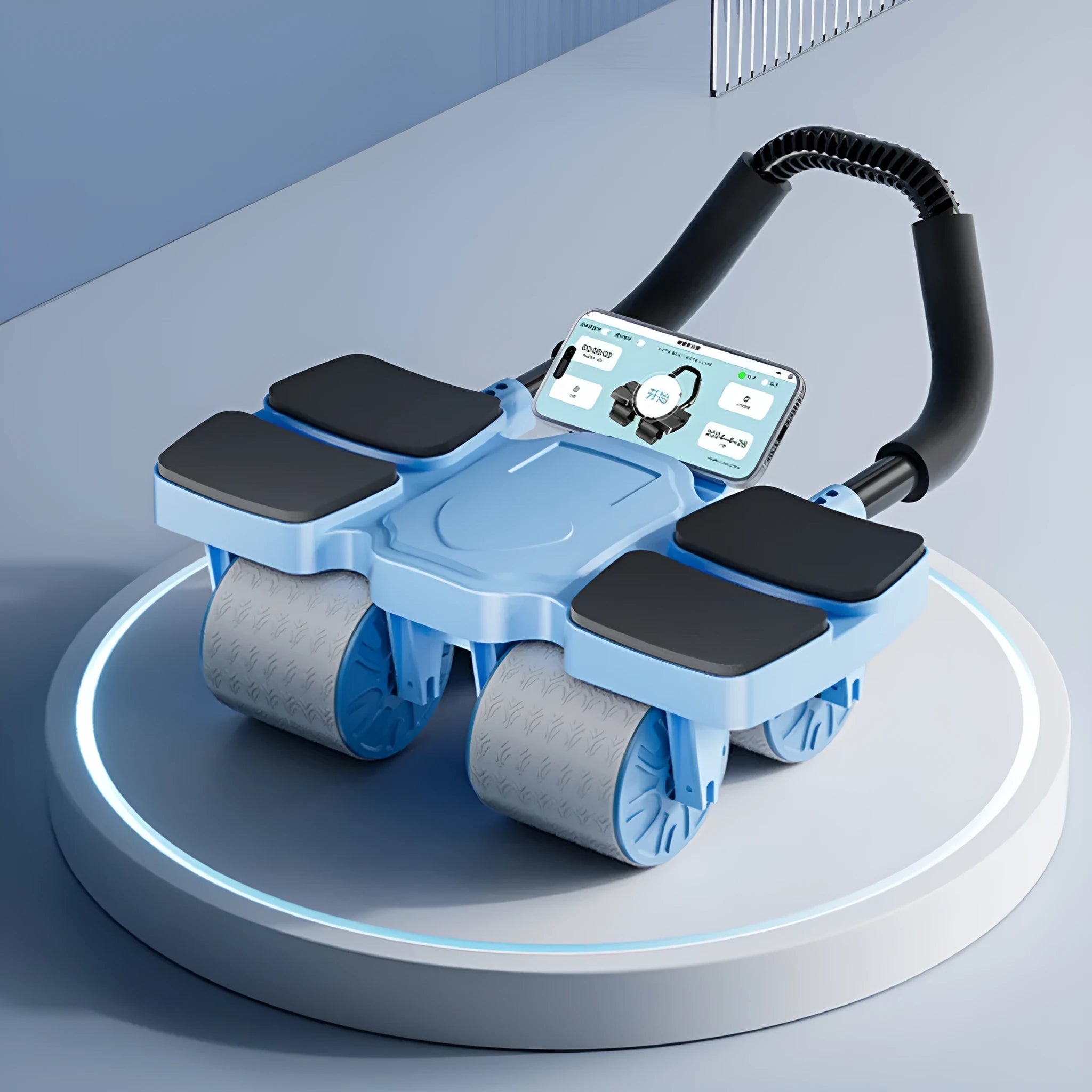 Black and blue four-wheel automatic rebound abdominal roller on a wooden floor