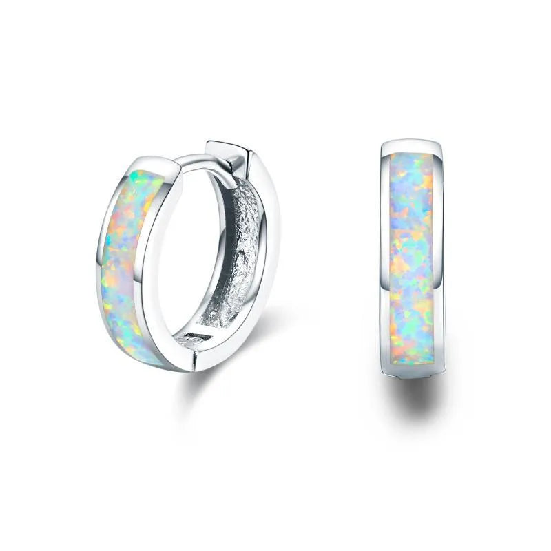 Hinged hug opal earrings in 925 sterling silver white gold plated hoop design for women