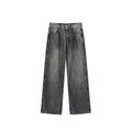 Man wearing washed blue wide leg straight-cut jeans with a mid waist and zipper fly.