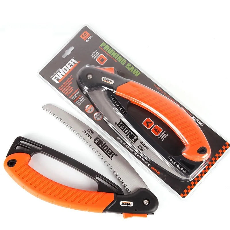 A folded and unfolded view of a 230mm folding garden saw with a TPR grip and steel blade.