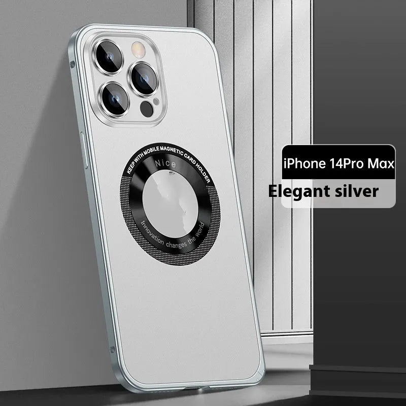 Black metal frame phone case with spring fastener for iPhone 14 Pro Max, frosted finish
