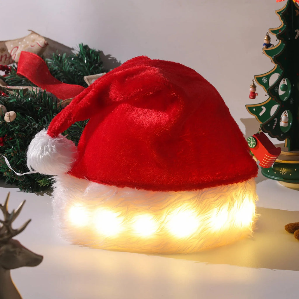 Red and white plush LED Santa hat with 20 colour-changing lights illuminated in festive display